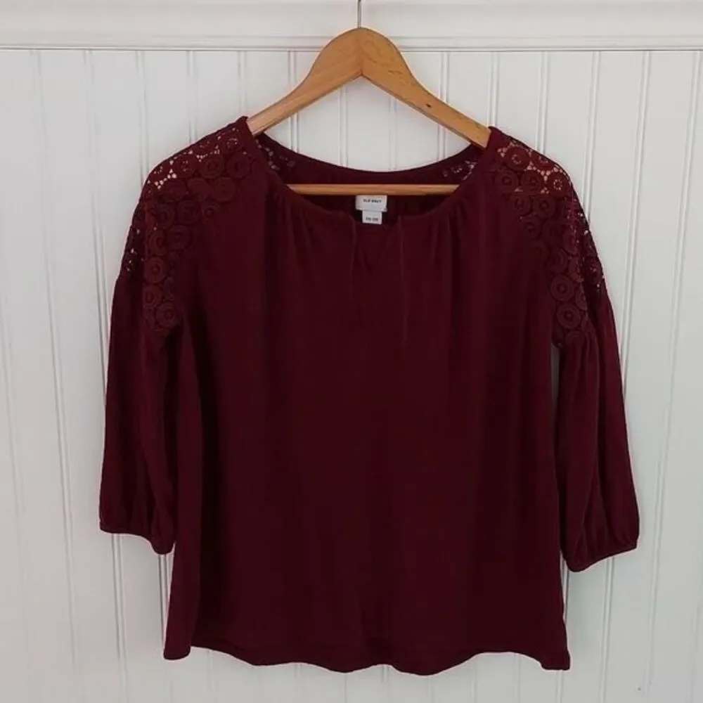 Old Navy Girls XXL 16 Burgundy Crochet Lace Shoulder‎ Peasant Blouse 3/4 Sleeve